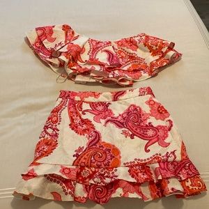 Pink and white two piece set with one shoulder top